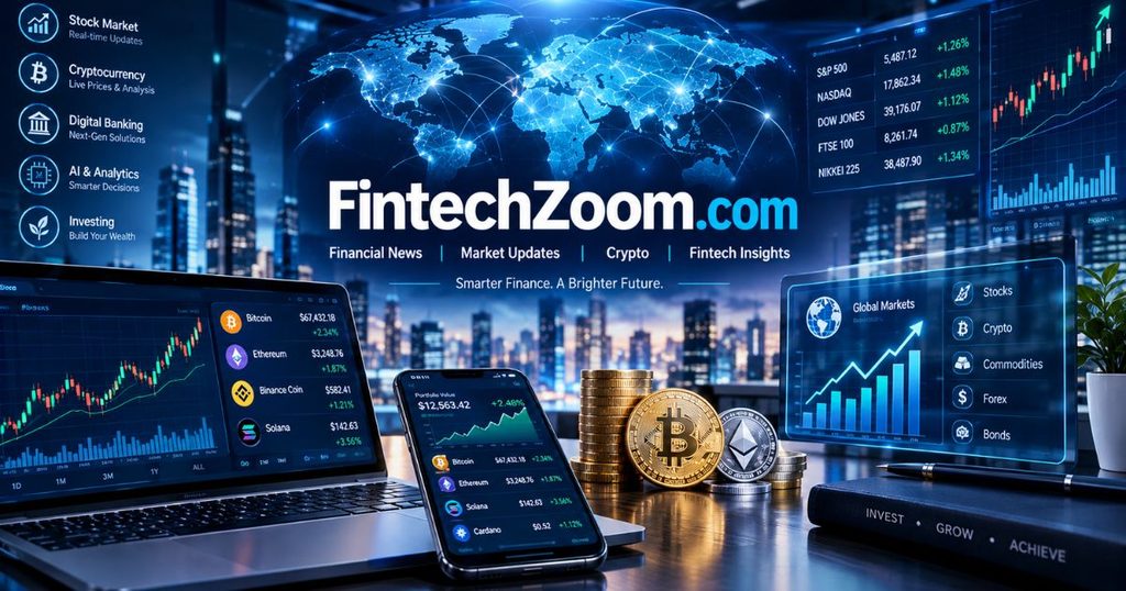 FintechZoom.com financial news platform showing stock market charts, cryptocurrency data, fintech analytics, and global market trends.